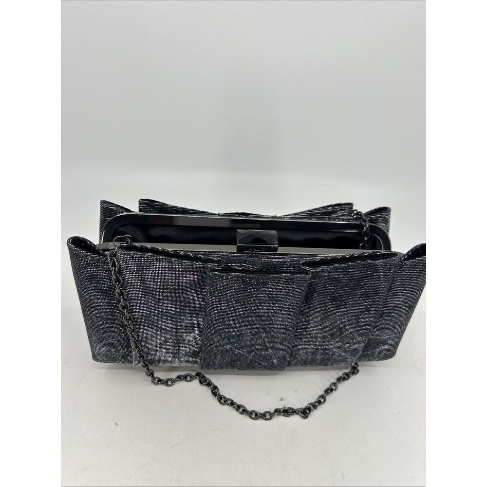 Sondra Roberts Designer Clutch Evening Shoulder Bag Silver Satin Chain Strap